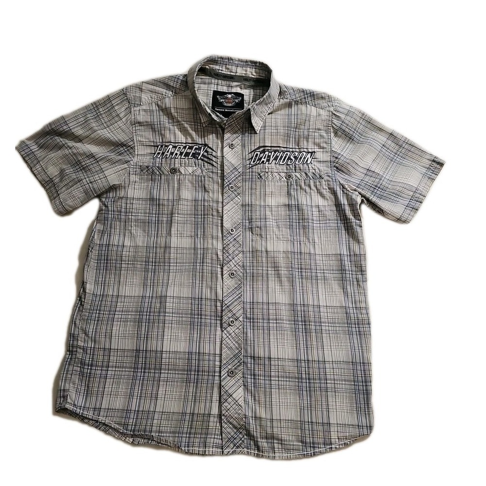 Harley Davidson‎ Short Sleeve Metal Button Down Shirt Men's M Gray Blue Plaid